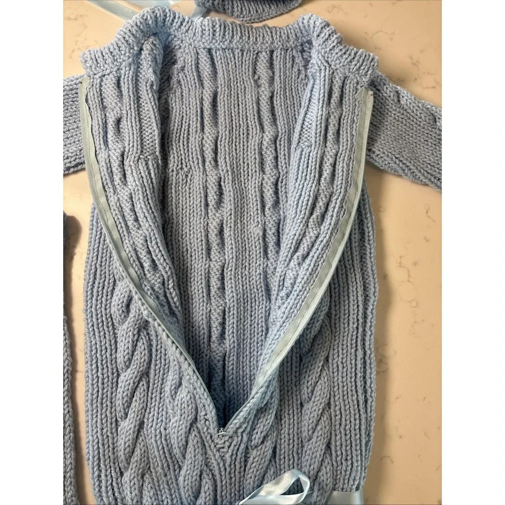 Handknit Baby‎ Sweater Sack Cable Knit Zipper Ribbon Matching Bonnet Boy Blue
